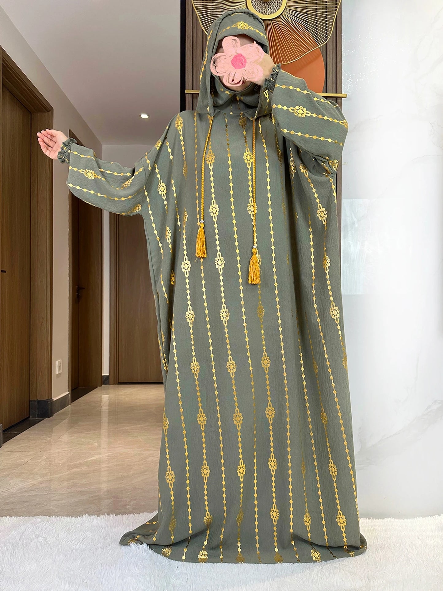 New Cotton Ramadan Muslim Two-Hat Abaya Dubai Turkey Islam Prayer Clothes Gold Dust   Dress Islam Women Dress Kaftan