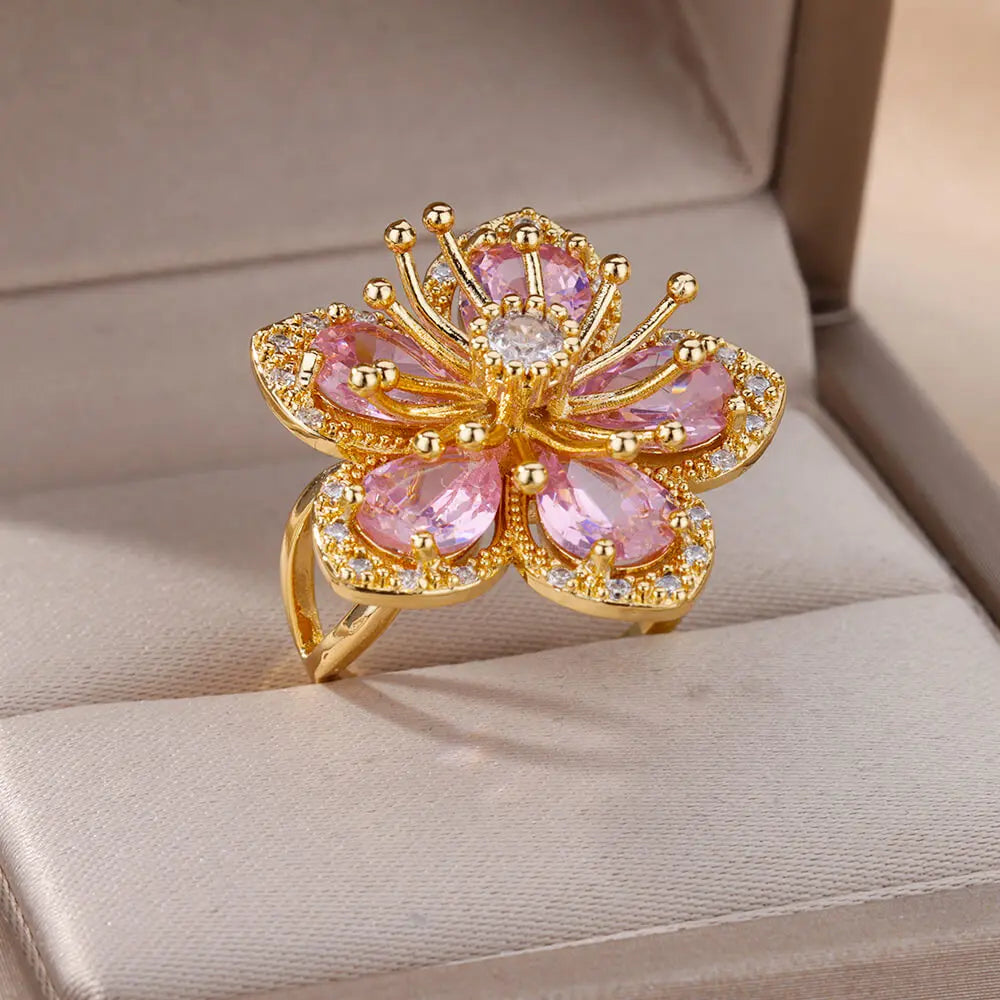 Pink Zircon Flower Rings for Women Gold Color Stainless Steel Ring Trend Elegant Floral Luxury Aesthetic Jewelry anillos