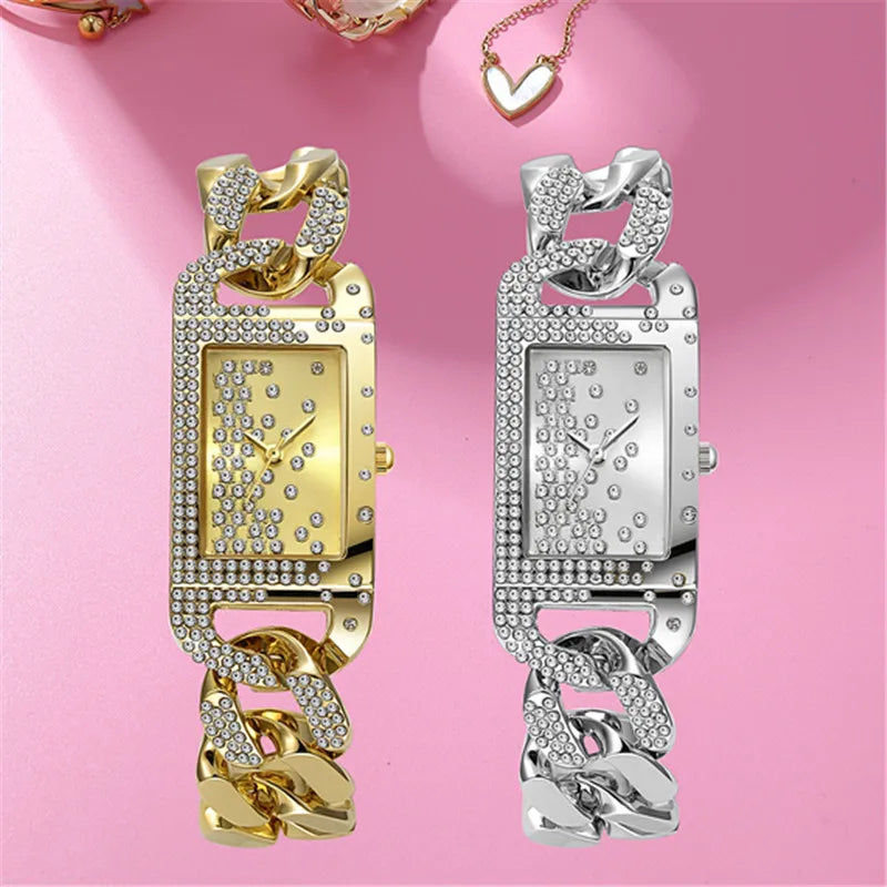 Bracelet Watches Students Girls Fashion Casual Alloy Band Luxury Diamond Golden Rectangular Quartz Watch
