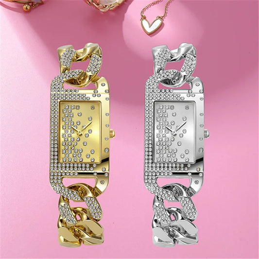 Bracelet Watches Students Girls Fashion Casual Alloy Band Luxury Diamond Golden Rectangular Quartz Watch