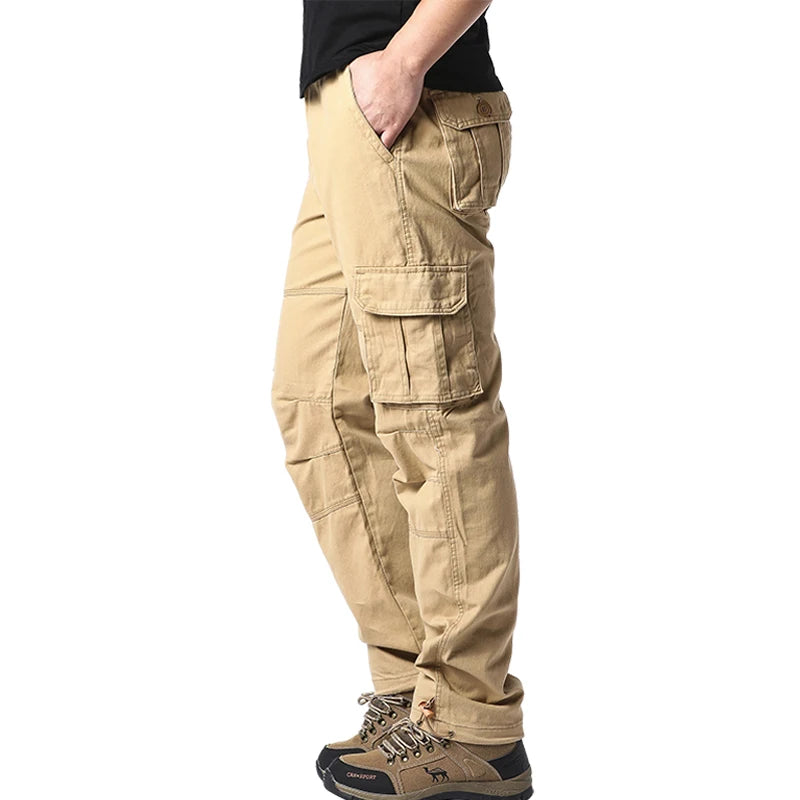 Large Pocket Loose Overalls Men's Outdoor Sports Jogging Tactical Pants Elastic Waist Pure Cotton Casual Work Pants