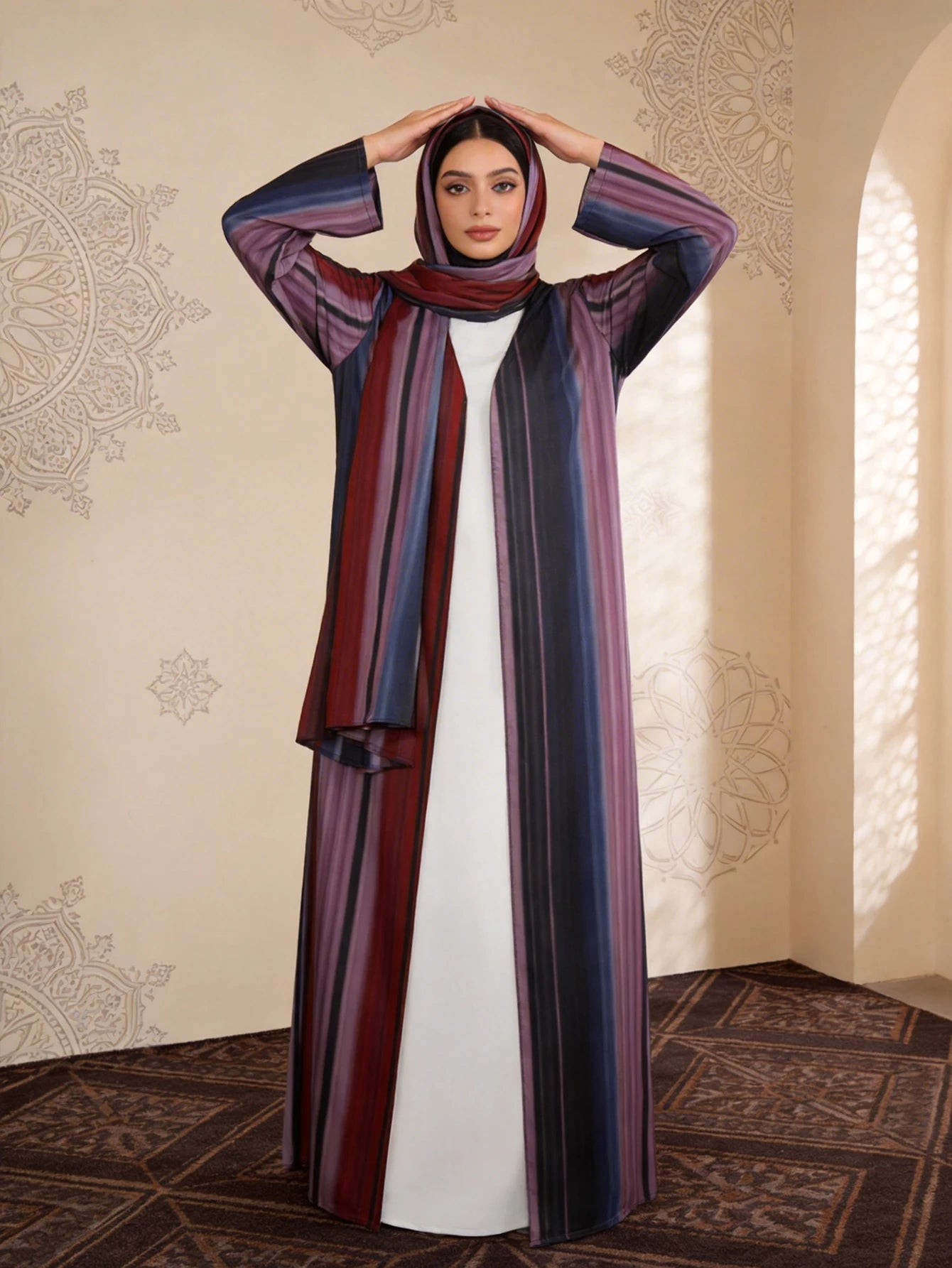 Middle Eastern Fashion Women's Long-Sleeved Loose-Fitting Elegant and Dignified Gradient Color Arabic Abaya with a Free Headscarf
