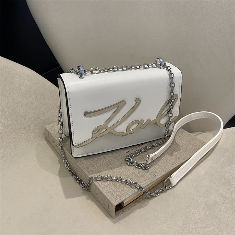 Fashionable Crossbody Bag Solid Color Shoulder Bag Metal Letter Logo ChainLink Strap Featuring Magnetic Button for Daily Use