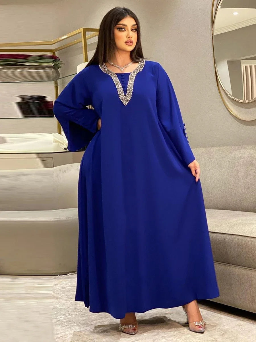 Morocco Party Dress for Women Fashion Diamonds Button Decoration Long Sleeve Party Prom Dress Ramadan Muslim Women Maxi Vestidos