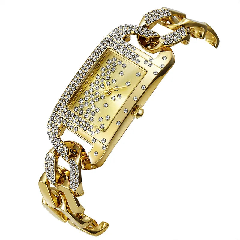 Bracelet Watches Students Girls Fashion Casual Alloy Band Luxury Diamond Golden Rectangular Quartz Watch