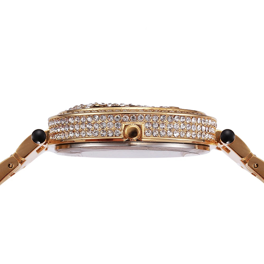 MISSFOX Women Quartz Watch Fashion Bling Casual Ladies Watches Female Quartz Gold Watch Crystal Diamond Leopard For Women Clock