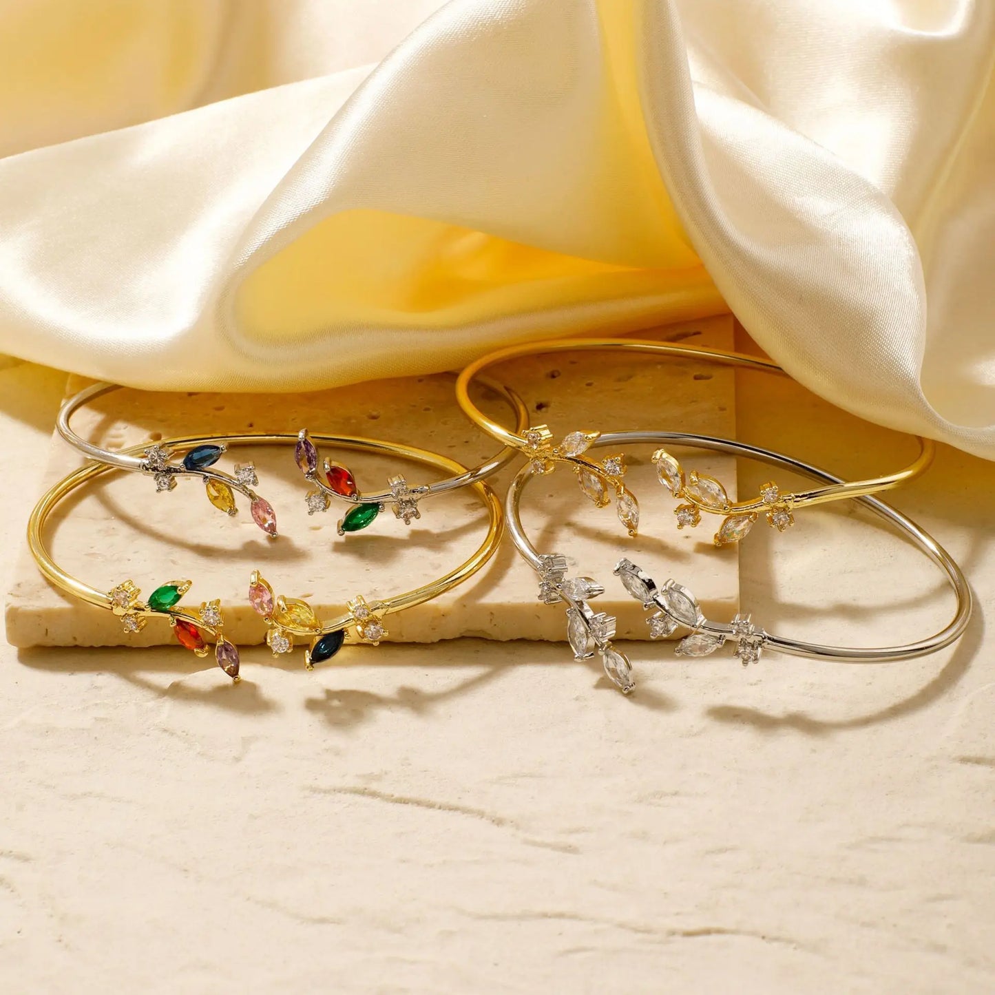 ZAKOL Simple Leaf Zircon Open Bracelet Gold Color Stainless Steel Cuff Bracelet Pulseira Feminin Tiny Hand Jewelry