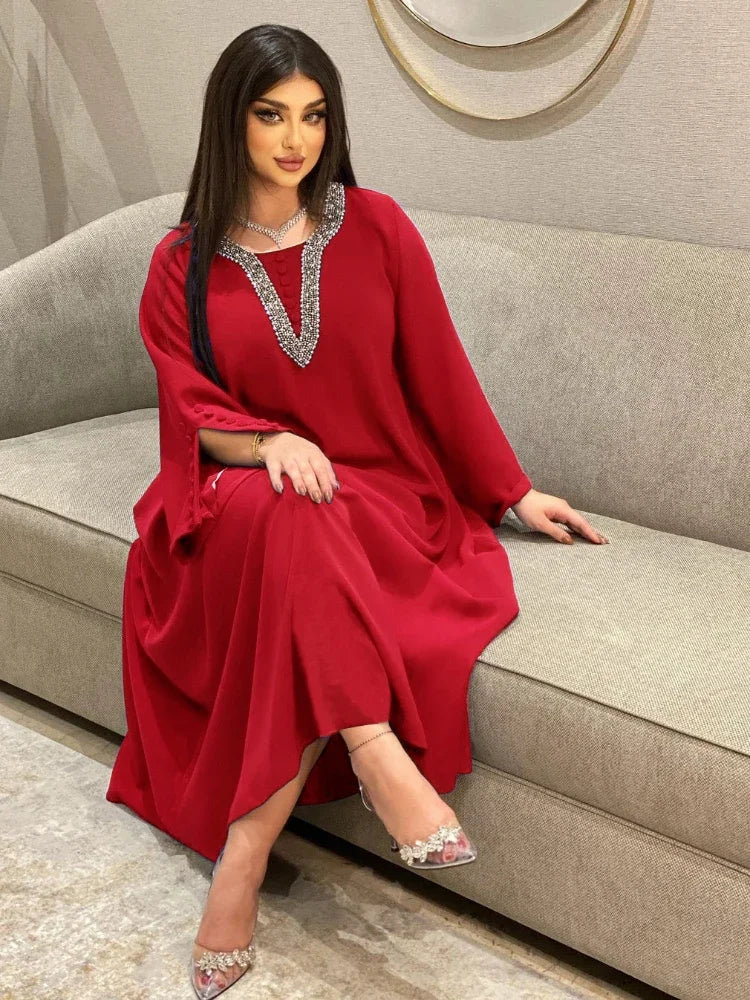 Morocco Party Dress for Women Fashion Diamonds Button Decoration Long Sleeve Party Prom Dress Ramadan Muslim Women Maxi Vestidos