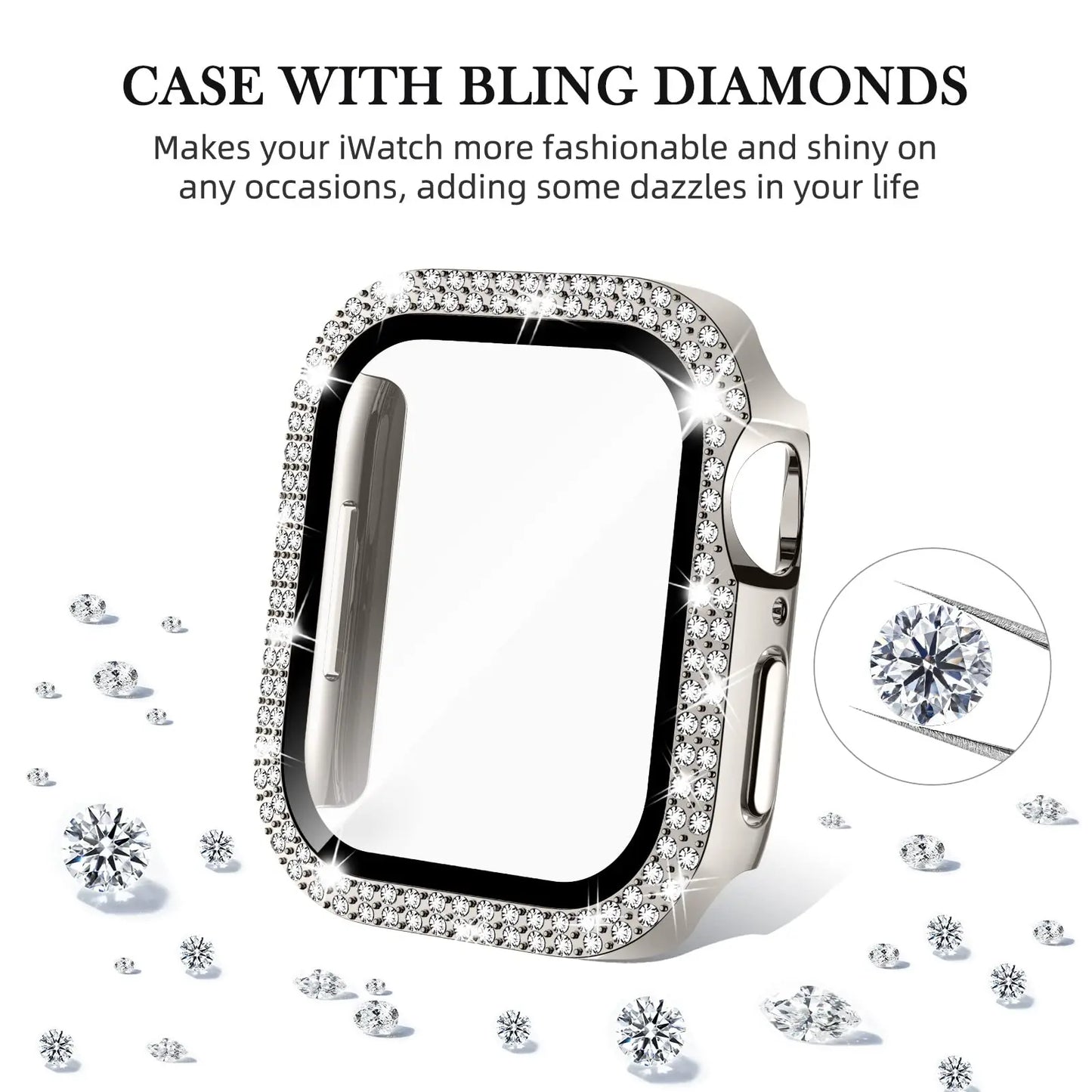 Glass+Diamond Cover For Apple watch case 46mm 40mm 44mm 41mm 42mm 45mm Bling Bumper Protector iWatch Series 11 10 9 SE 7 8 case