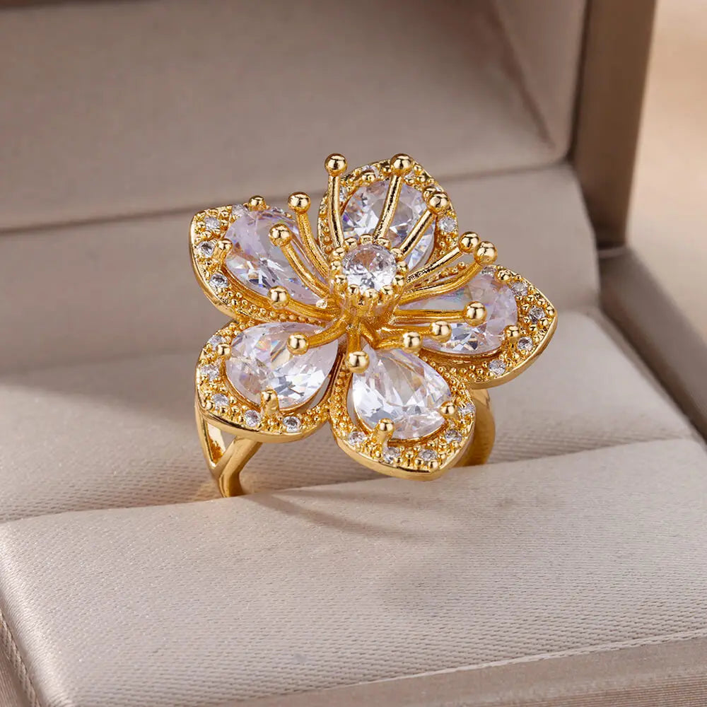Pink Zircon Flower Rings for Women Gold Color Stainless Steel Ring Trend Elegant Floral Luxury Aesthetic Jewelry anillos