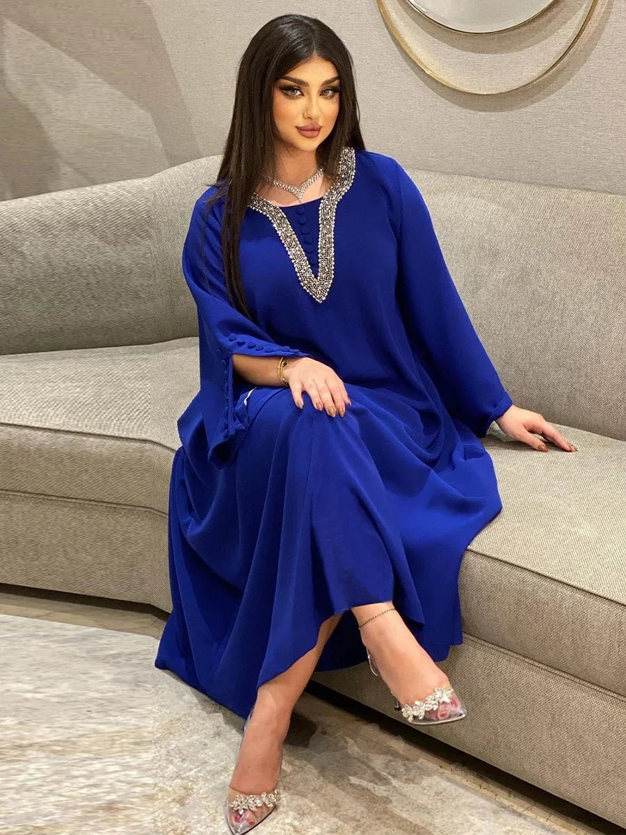 Morocco Party Dress for Women Fashion Diamonds Button Decoration Long Sleeve Party Prom Dress Ramadan Muslim Women Maxi Vestidos