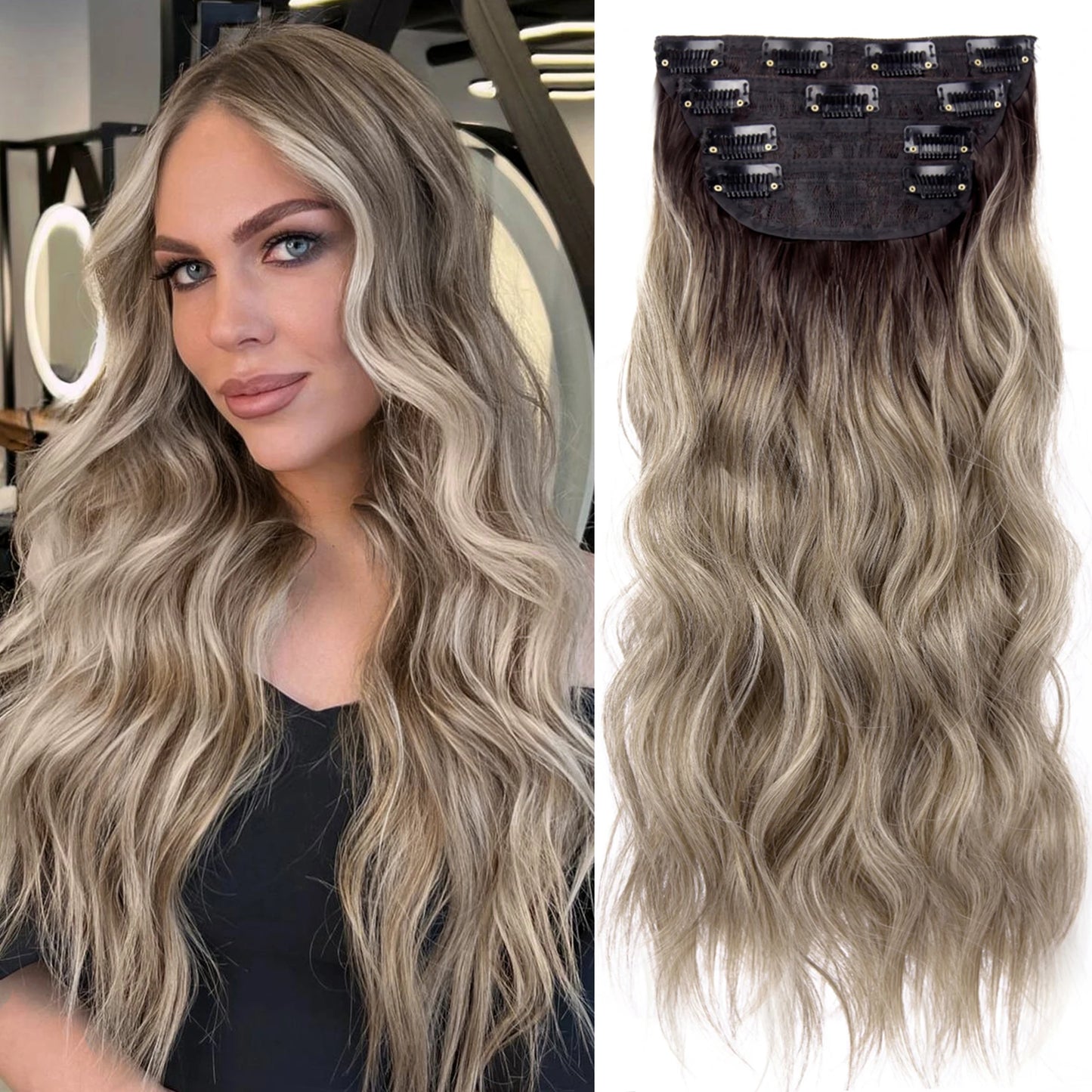 4Pcs/Set 20Inch Synthetic Hair Clip In Long Wavy Thick Hairpieces For Women Full Head Synthetic Hair Extensions Ombre Hairpieces