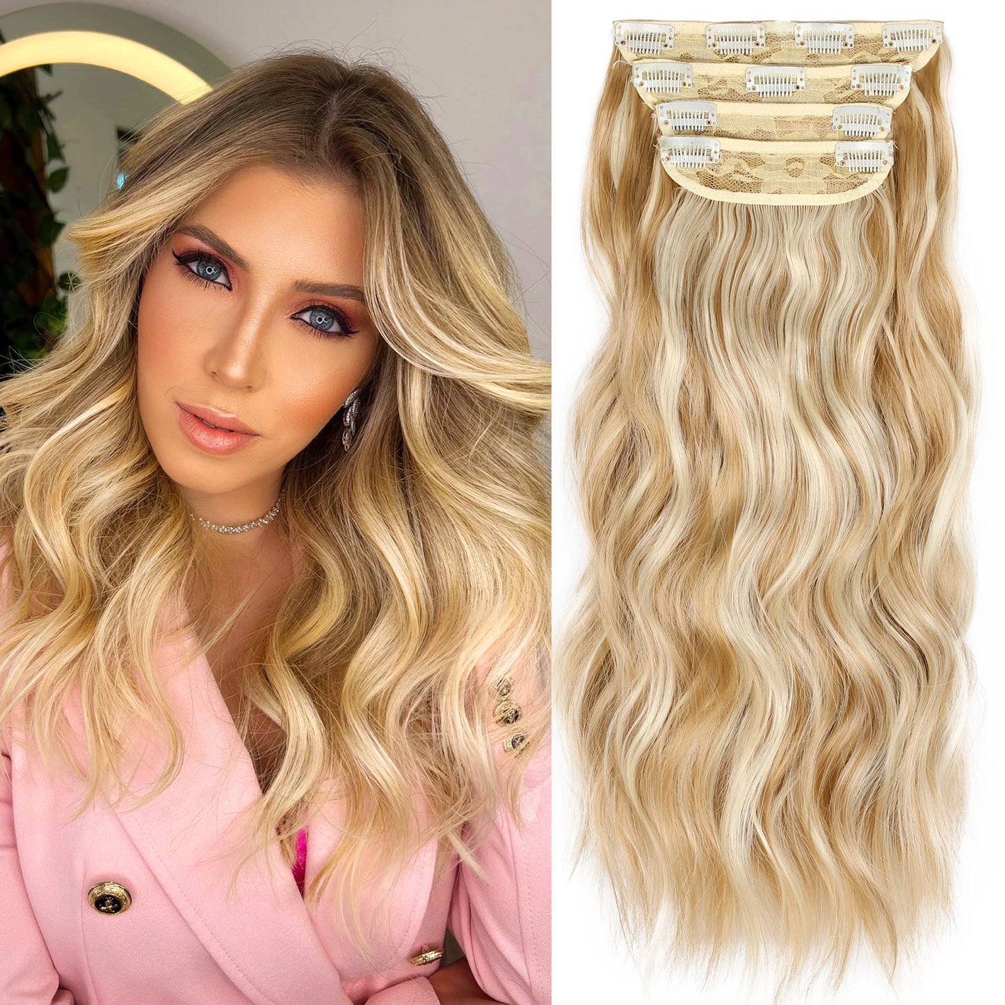 4Pcs/Set 20Inch Synthetic Hair Clip In Long Wavy Thick Hairpieces For Women Full Head Synthetic Hair Extensions Ombre Hairpieces