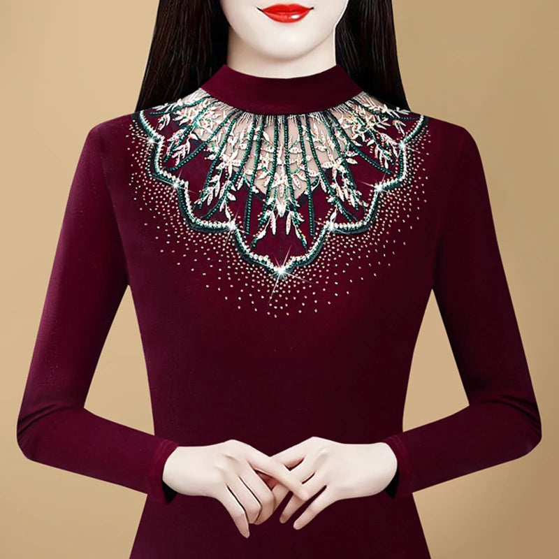 Autumn Winter Women's T shirt New Long Sleeve Patchwork Embroidery Lace Shirt Half High Collar Diamond Mesh Tops