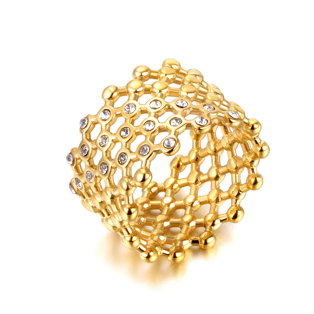 Lokaer Cubic Zircon CZ Stone Crystal Wide Ring Jewelry Women Stainless Steel Waterproof 18K Gold Plated Statement Rings R24002