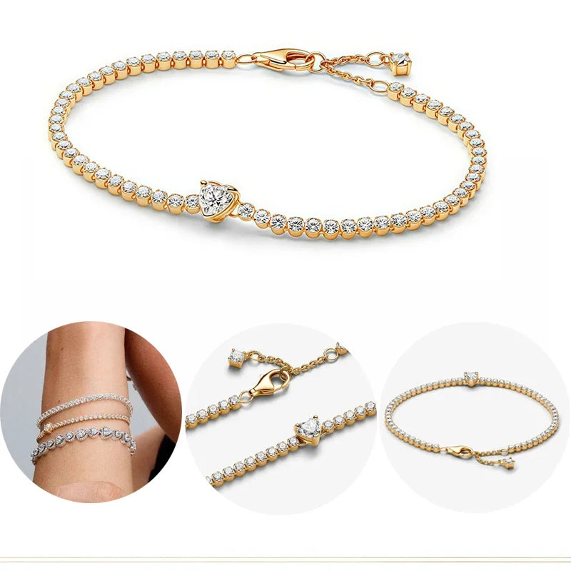 925 Silver Sparkling Red Heart Bracelet Pink Row Tennis Bracelet Shining Star Bracelet For Women Anniversary Gift Fine Jewelry