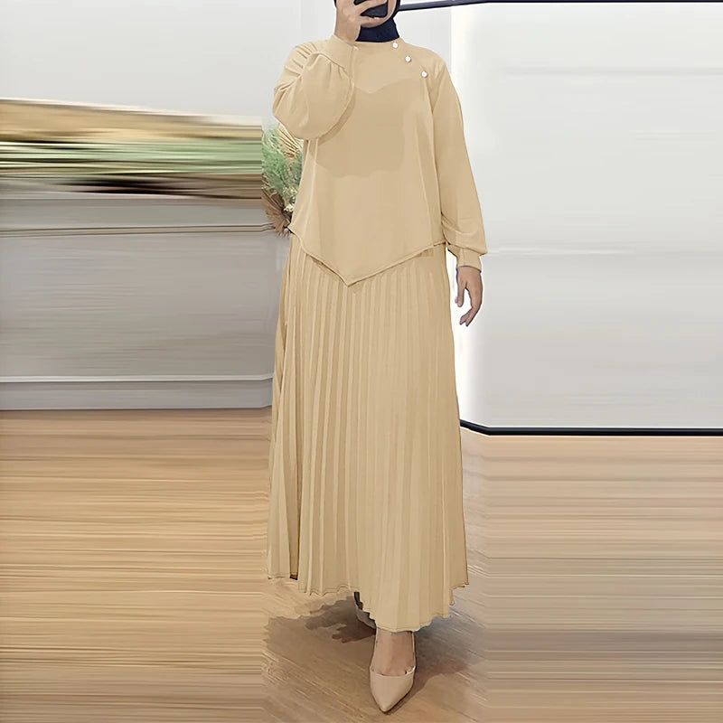 ZANZEA Muslim 2025 Hijabis Modest 2 Piece Skirt Sets Long Sleeve Asymmetrical Hem Blouse and Maxi Pleated Skirt Islamic Outfits