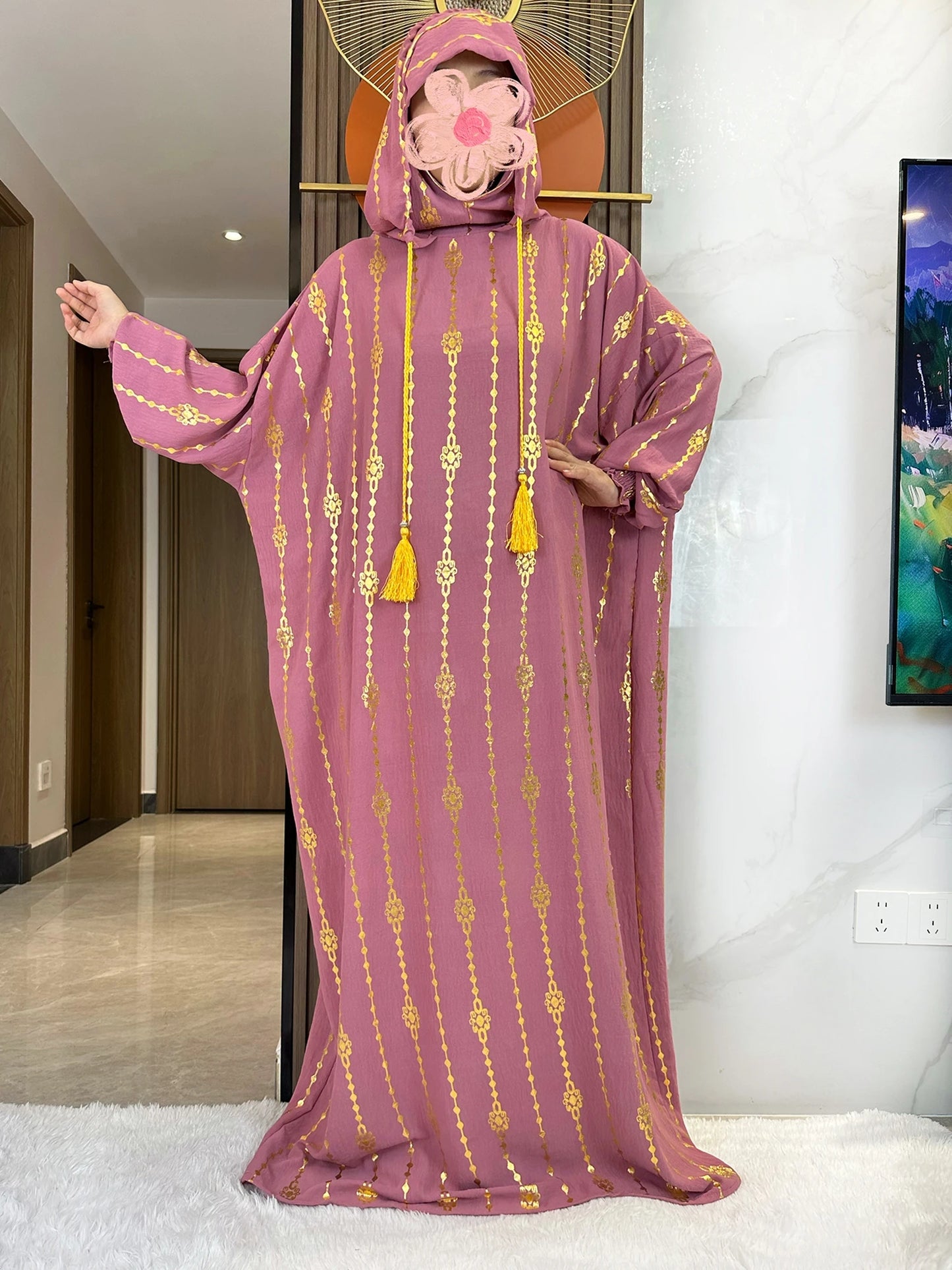 New Cotton Ramadan Muslim Two-Hat Abaya Dubai Turkey Islam Prayer Clothes Gold Dust   Dress Islam Women Dress Kaftan