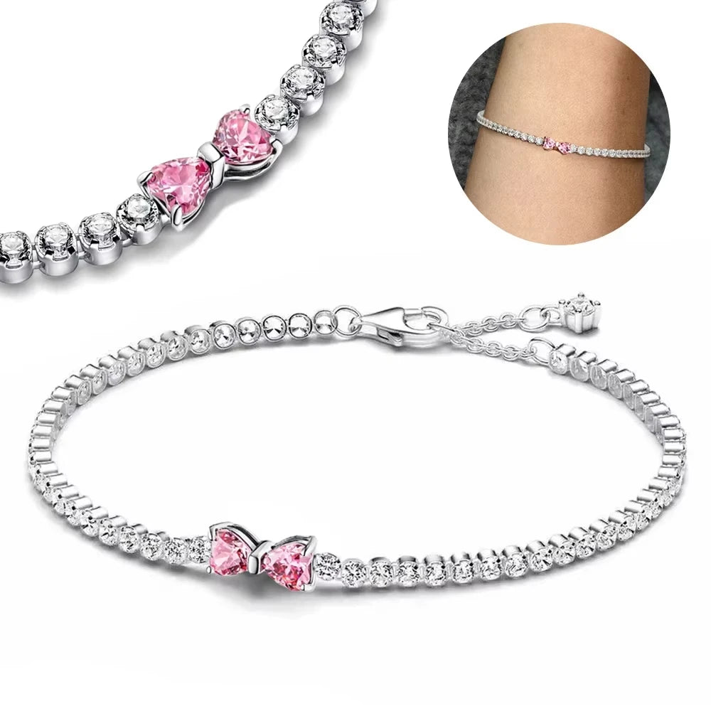 925 Silver Sparkling Red Heart Bracelet Pink Row Tennis Bracelet Shining Star Bracelet For Women Anniversary Gift Fine Jewelry