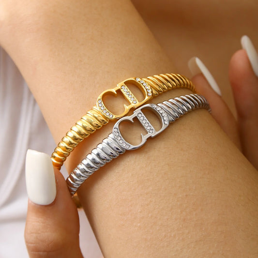Western Personality Fashion Charm High-Level Sense Of Stainless Steel 18K Gold-Plated Diamonds Spiral Letters Bracelet Female