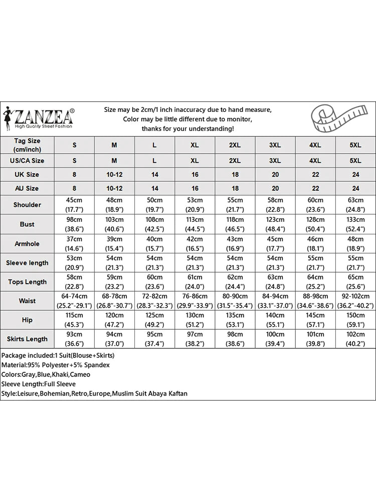 ZANZEA Muslim 2025 Hijabis Modest 2 Piece Skirt Sets Long Sleeve Asymmetrical Hem Blouse and Maxi Pleated Skirt Islamic Outfits