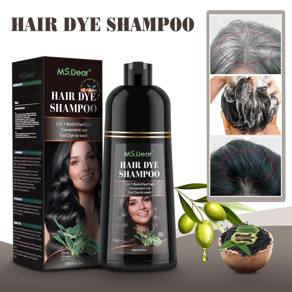 500ml Instant Black Dye Shampoo Black Brown Hair Coloring Natural Herbal Ginseng Hair Repair Shampoo Grey White Hair Dyed Black