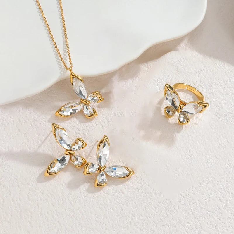 EILIECK 316L Stainless Steel Sparkling Butterfly Zircon Crystal Necklace Earrings Set Waterproof Trendy Jewelry For Women Gift
