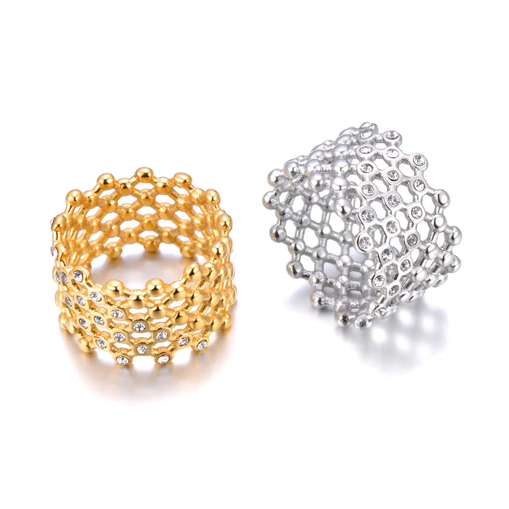Lokaer Cubic Zircon CZ Stone Crystal Wide Ring Jewelry Women Stainless Steel Waterproof 18K Gold Plated Statement Rings R24002
