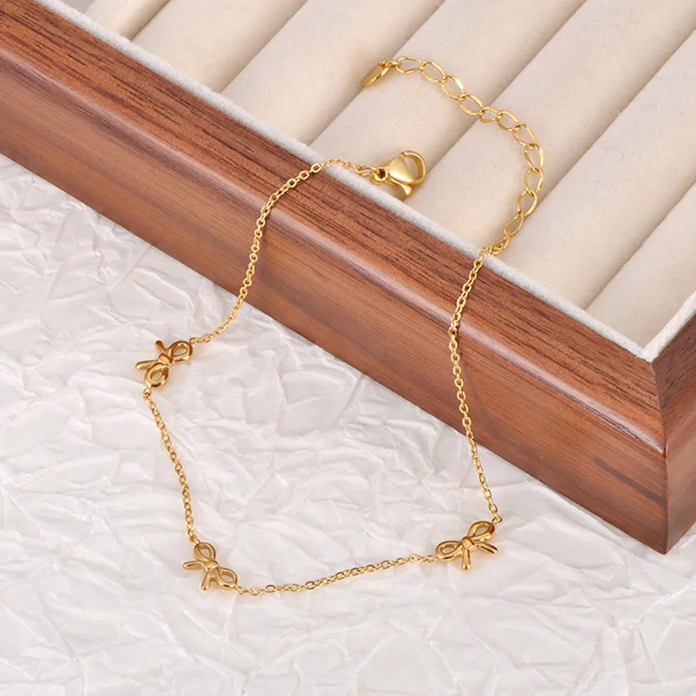 Lokaer 18K Gold Plated Stainless Steel Bowknot Charm Anklets For Women Trendy Bohemia Beach Party Chain Anklet Jewelry A24020
