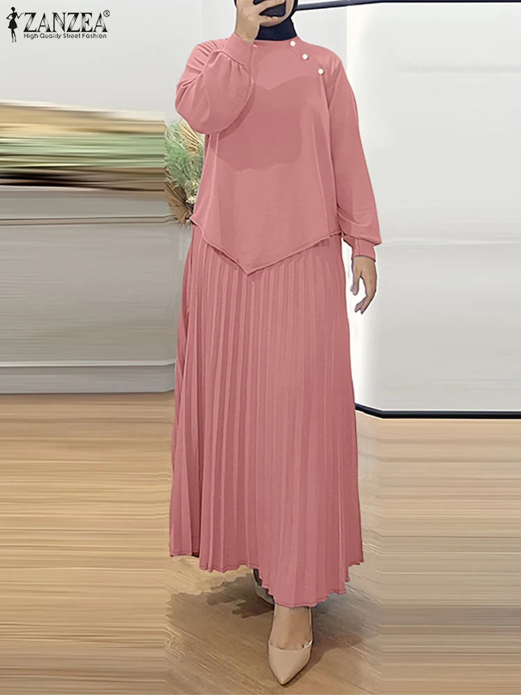 ZANZEA Muslim 2025 Hijabis Modest 2 Piece Skirt Sets Long Sleeve Asymmetrical Hem Blouse and Maxi Pleated Skirt Islamic Outfits