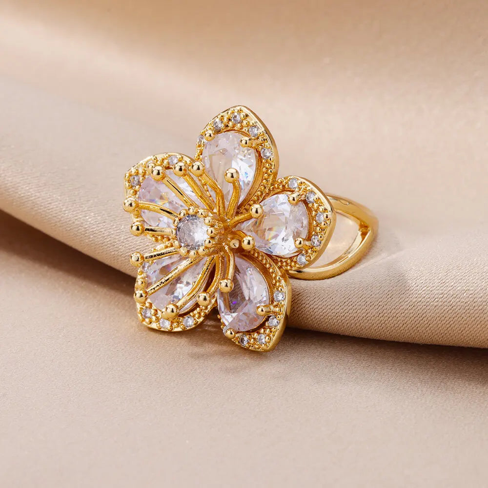 Pink Zircon Flower Rings for Women Gold Color Stainless Steel Ring Trend Elegant Floral Luxury Aesthetic Jewelry anillos