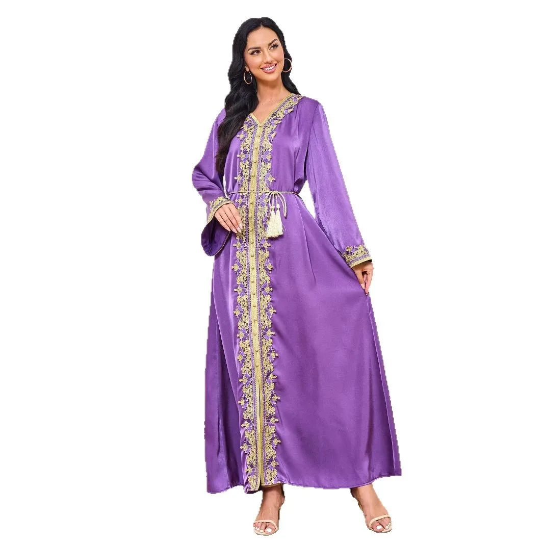 Fashionable Muslim Abaya Jalabiya Long Dress Summer New Style Cross-Border Ethnicity Style Polyester Long Skirt with Lace Edge