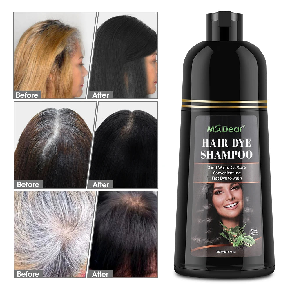 500ml Instant Black Dye Shampoo Black Brown Hair Coloring Natural Herbal Ginseng Hair Repair Shampoo Grey White Hair Dyed Black