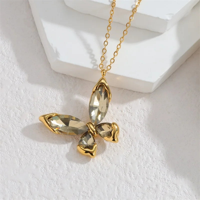EILIECK 316L Stainless Steel Sparkling Butterfly Zircon Crystal Necklace Earrings Set Waterproof Trendy Jewelry For Women Gift
