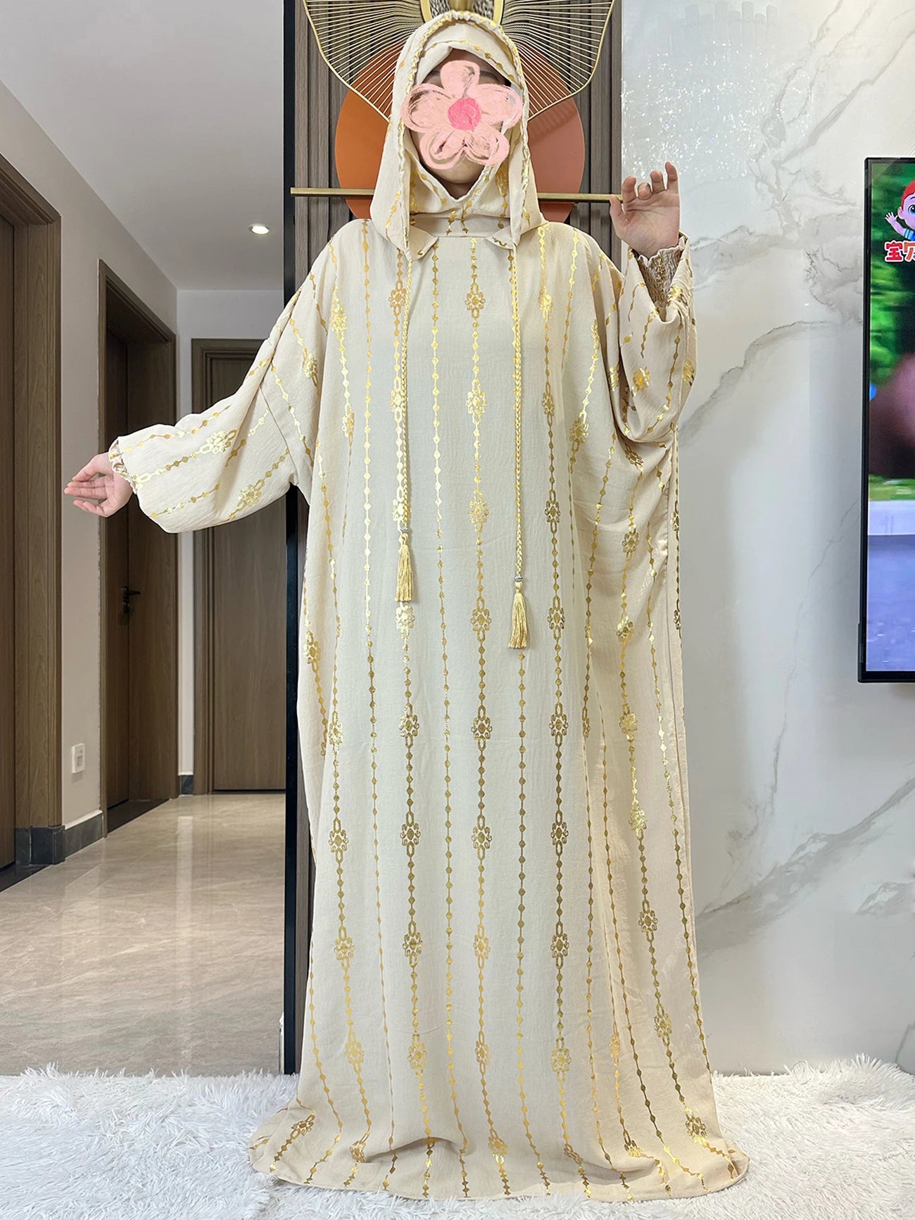 New Cotton Ramadan Muslim Two-Hat Abaya Dubai Turkey Islam Prayer Clothes Gold Dust   Dress Islam Women Dress Kaftan