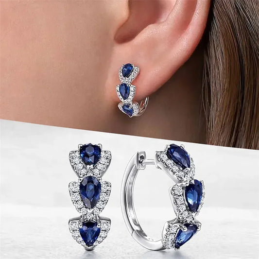 Huitan Luxury Trendy Blue Cubic Zirconia Hoop Earrings Party Elegant Accessories for Women Anniversary Gift New Jewelry