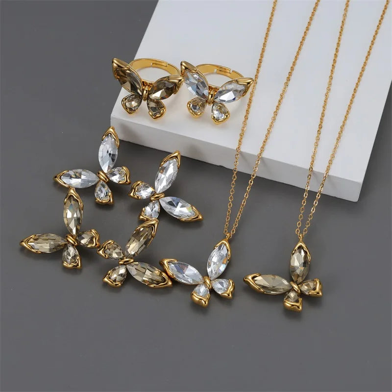 EILIECK 316L Stainless Steel Sparkling Butterfly Zircon Crystal Necklace Earrings Set Waterproof Trendy Jewelry For Women Gift