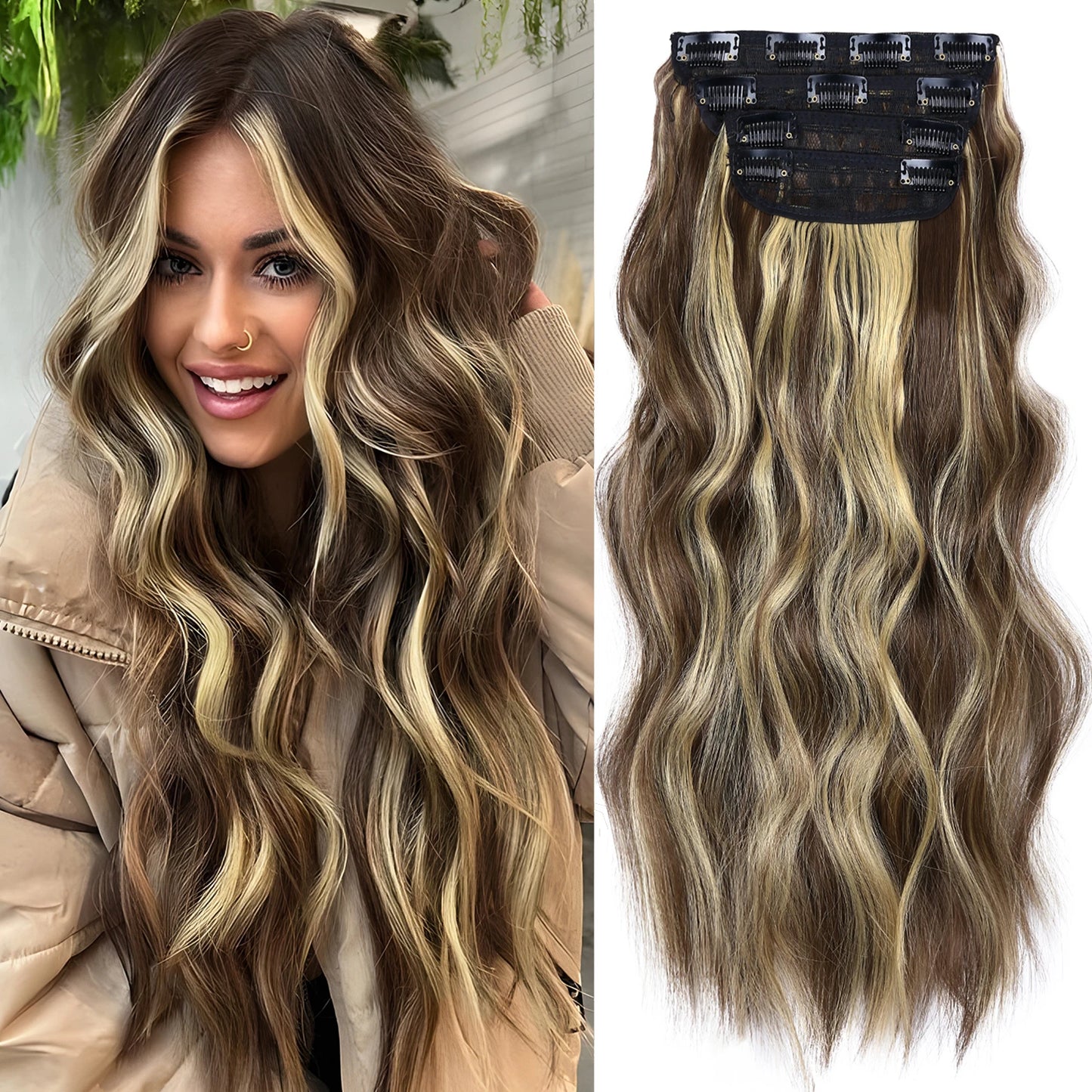 4Pcs/Set 20Inch Synthetic Hair Clip In Long Wavy Thick Hairpieces For Women Full Head Synthetic Hair Extensions Ombre Hairpieces
