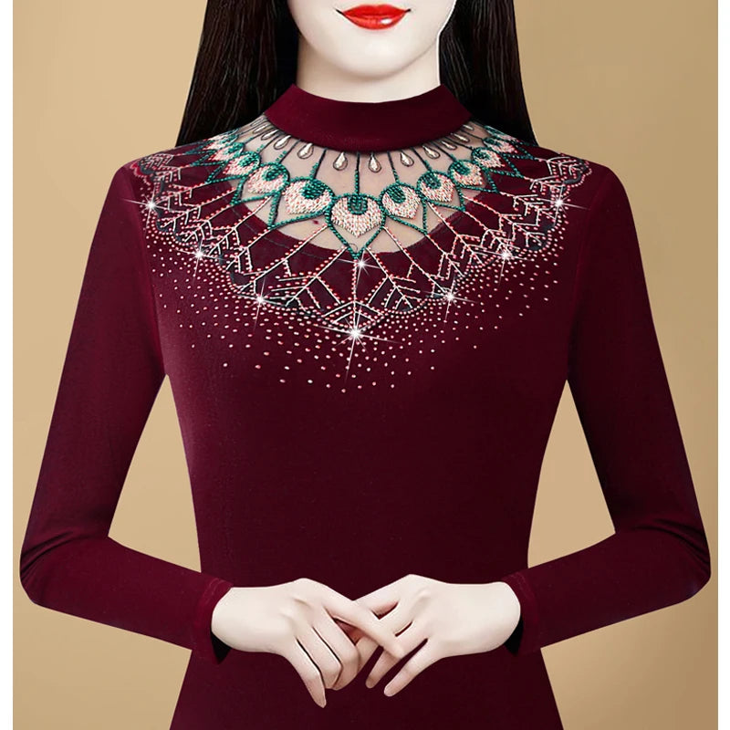 Autumn Winter Women's T shirt New Long Sleeve Patchwork Embroidery Lace Shirt Half High Collar Diamond Mesh Tops