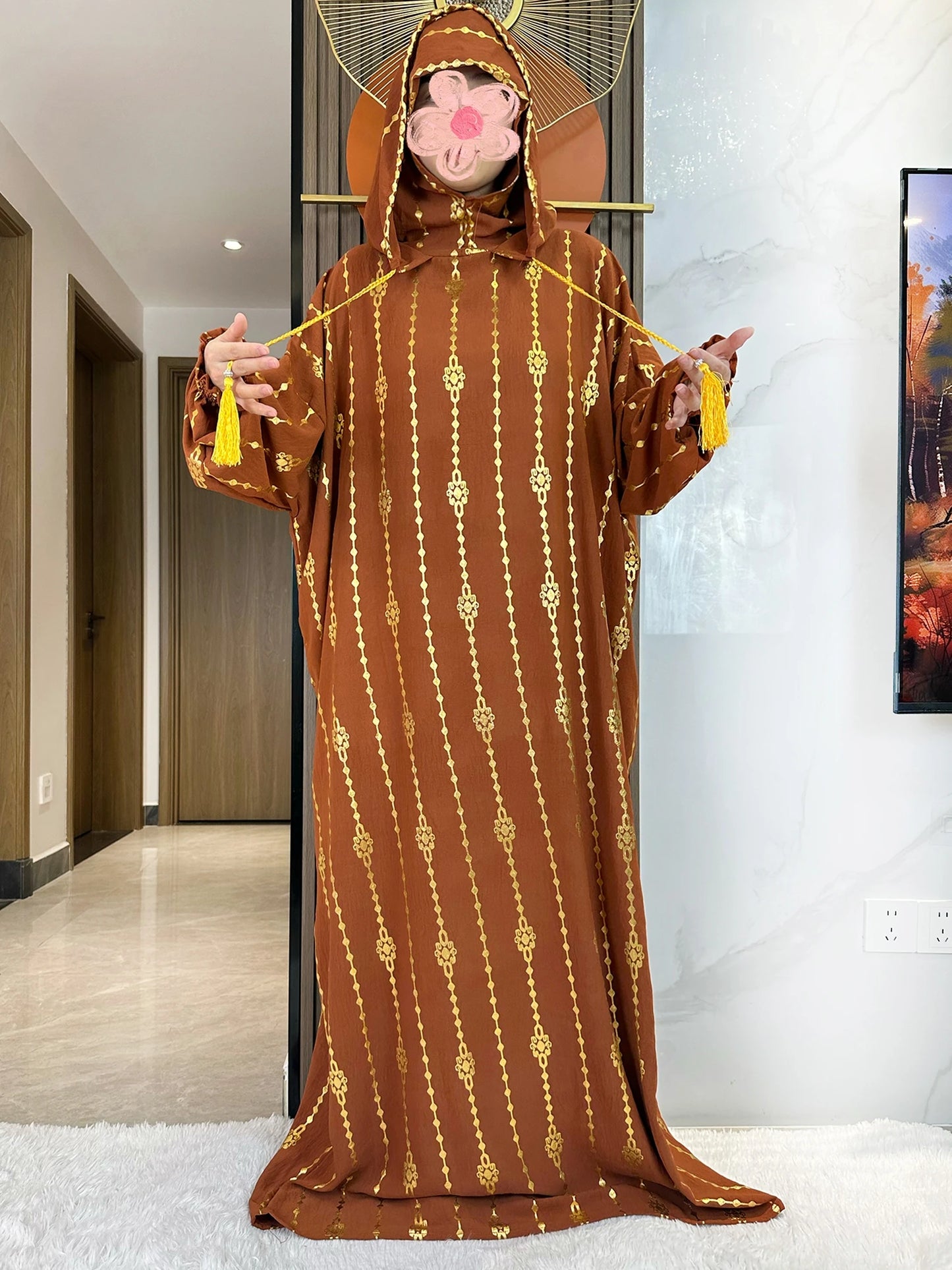 New Cotton Ramadan Muslim Two-Hat Abaya Dubai Turkey Islam Prayer Clothes Gold Dust   Dress Islam Women Dress Kaftan