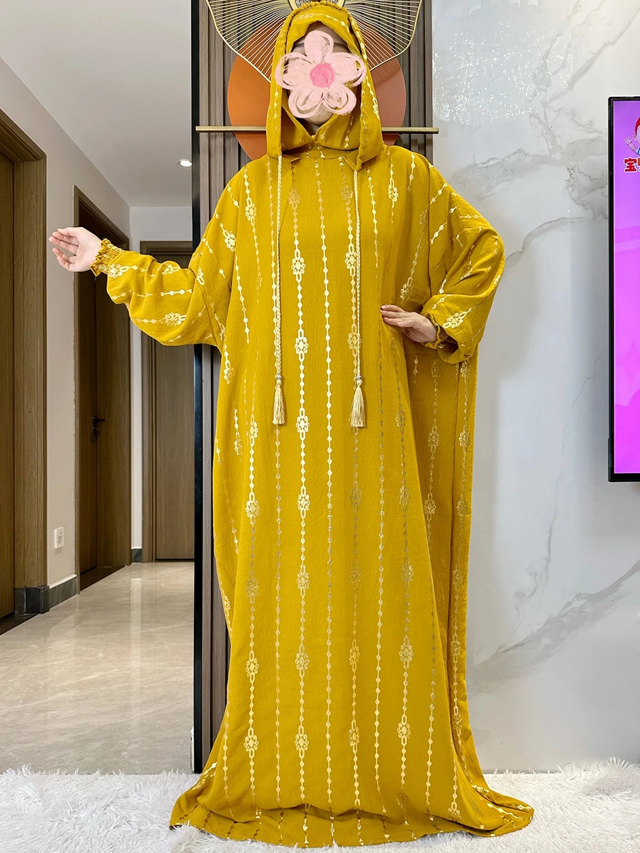 New Cotton Ramadan Muslim Two-Hat Abaya Dubai Turkey Islam Prayer Clothes Gold Dust   Dress Islam Women Dress Kaftan