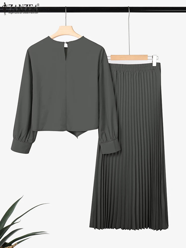 ZANZEA Muslim 2025 Hijabis Modest 2 Piece Skirt Sets Long Sleeve Asymmetrical Hem Blouse and Maxi Pleated Skirt Islamic Outfits
