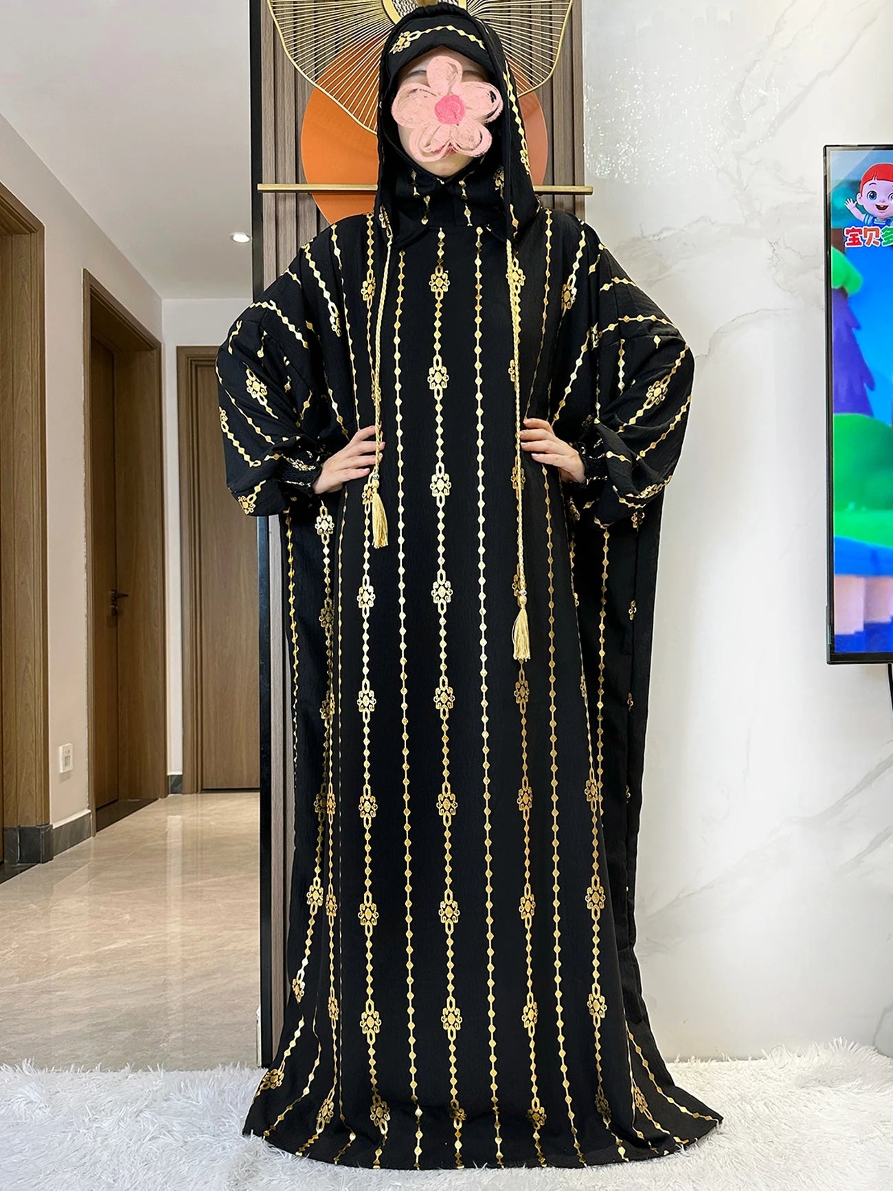 New Cotton Ramadan Muslim Two-Hat Abaya Dubai Turkey Islam Prayer Clothes Gold Dust   Dress Islam Women Dress Kaftan