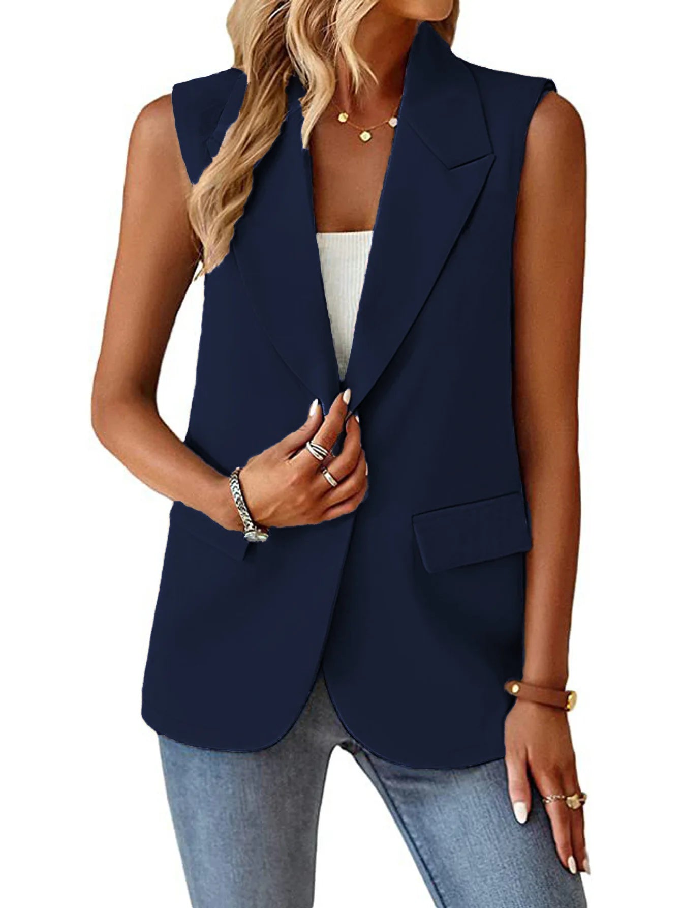 Spring/Summer New Polo Collar Suit Vest Women's Style Commuter Sleeveless Cardigan Tank Top Women