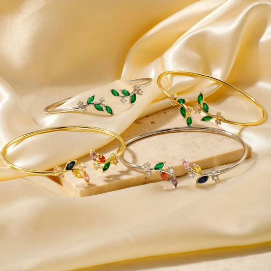 ZAKOL Simple Leaf Zircon Open Bracelet Gold Color Stainless Steel Cuff Bracelet Pulseira Feminin Tiny Hand Jewelry