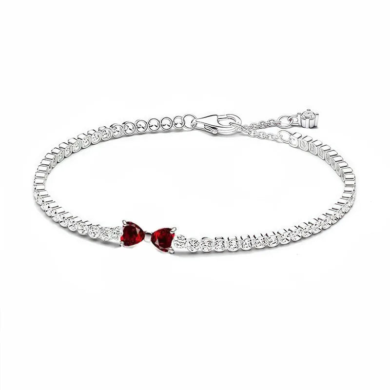 925 Silver Sparkling Red Heart Bracelet Pink Row Tennis Bracelet Shining Star Bracelet For Women Anniversary Gift Fine Jewelry
