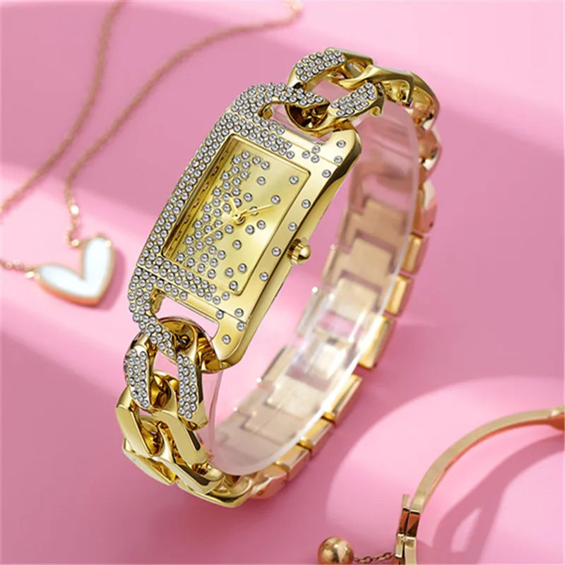Bracelet Watches Students Girls Fashion Casual Alloy Band Luxury Diamond Golden Rectangular Quartz Watch
