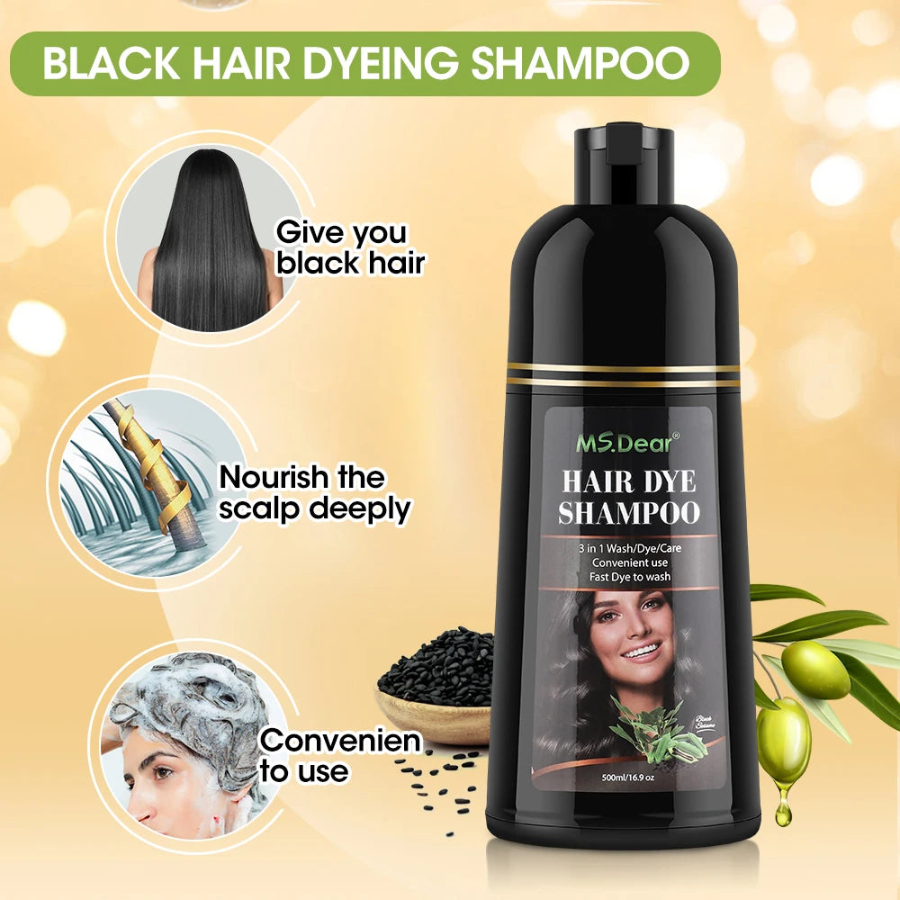 500ml Instant Black Dye Shampoo Black Brown Hair Coloring Natural Herbal Ginseng Hair Repair Shampoo Grey White Hair Dyed Black