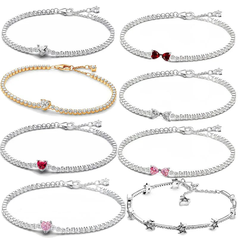 925 Silver Sparkling Red Heart Bracelet Pink Row Tennis Bracelet Shining Star Bracelet For Women Anniversary Gift Fine Jewelry