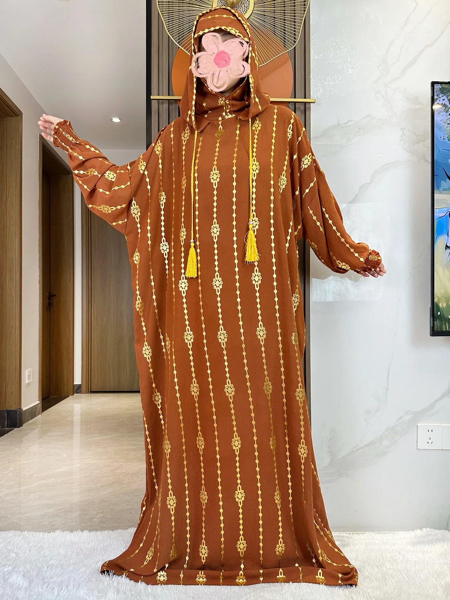 New Cotton Ramadan Muslim Two-Hat Abaya Dubai Turkey Islam Prayer Clothes Gold Dust   Dress Islam Women Dress Kaftan